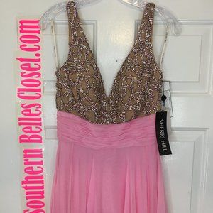 NWT pink Sherri Hill 1563 bejeweled v neck prom